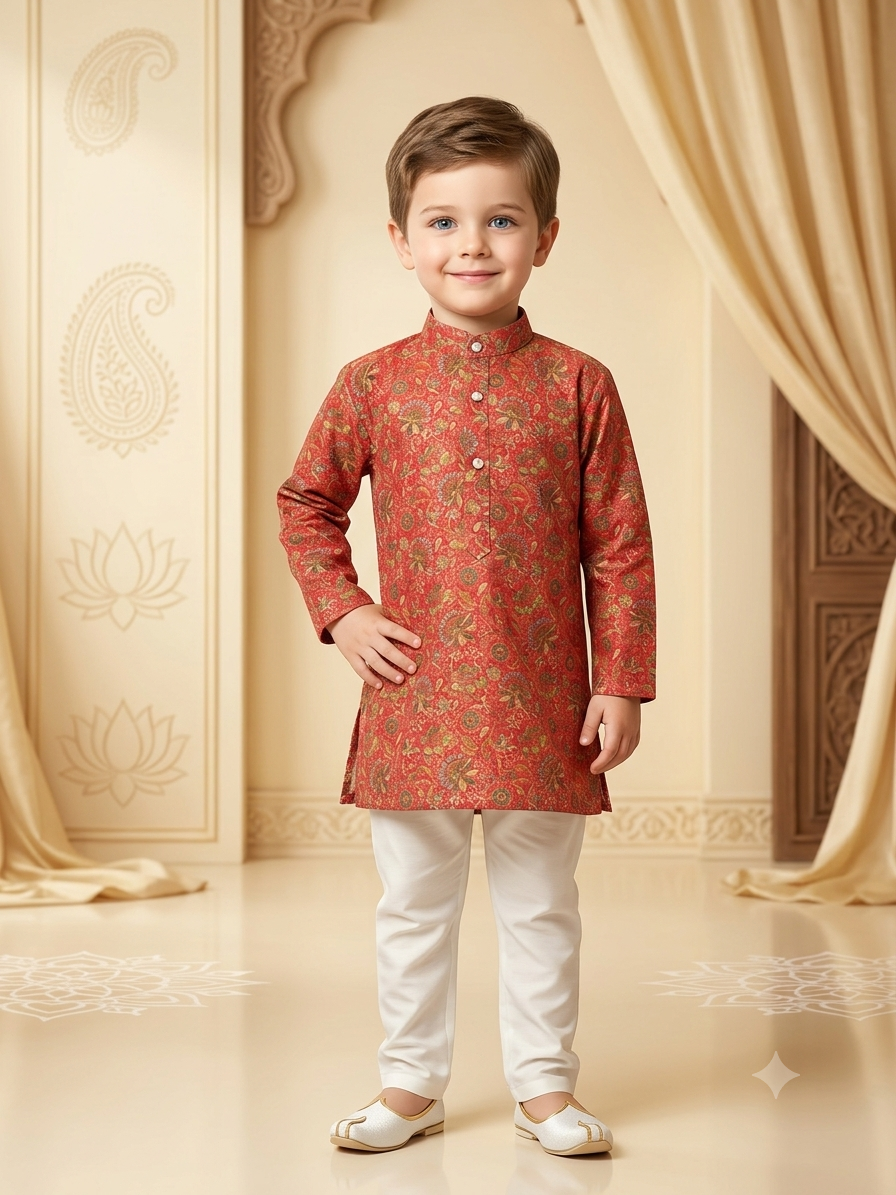 Boys Rayon Sequence Embroidery Digital Print Kurta Pajama Set