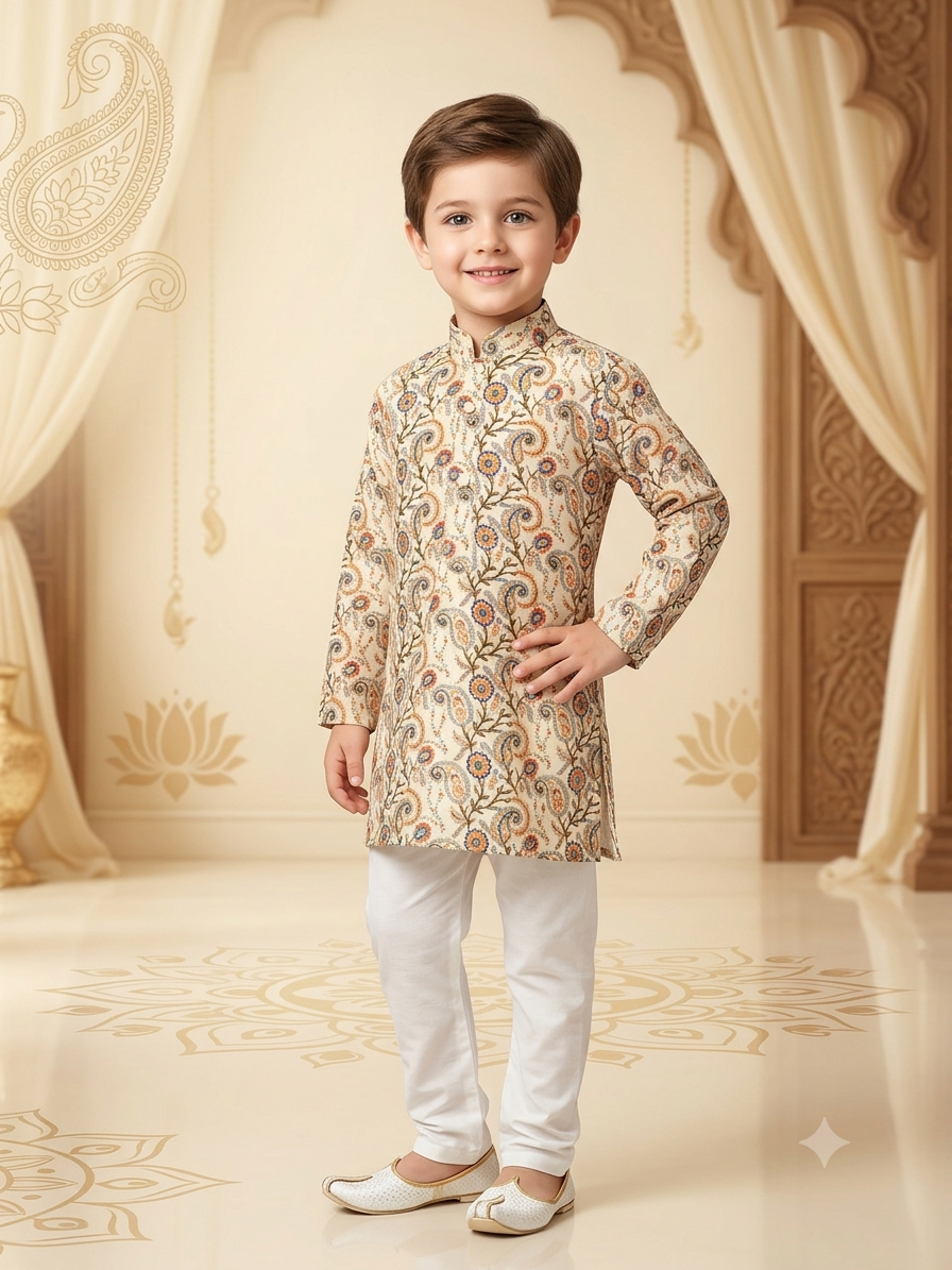 Boys Rayon Sequence Embroidery Digital Print Kurta Pajama Set