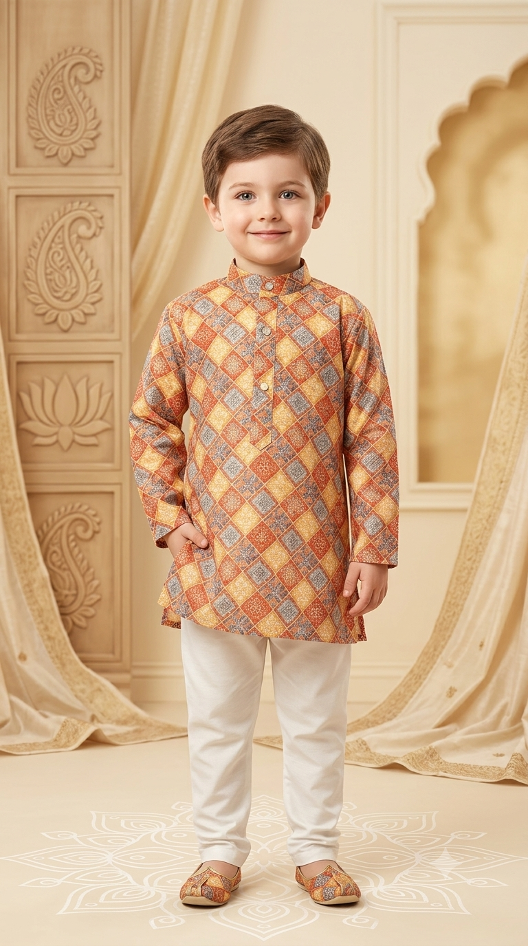 Boys Rayon Sequence Embroidery Digital Print Kurta Pajama Set