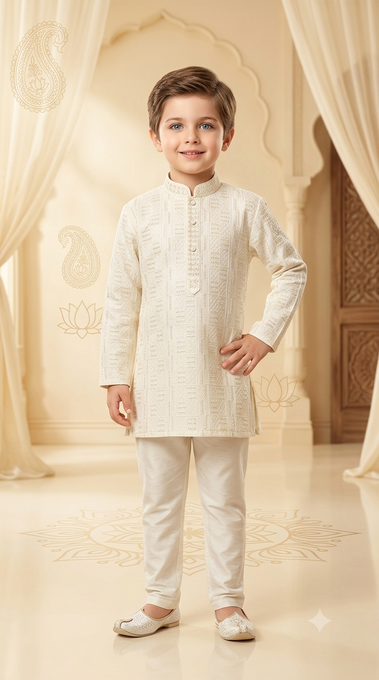 Boys Rayon Sequence Cream Embroidery Kurta Pajama Set
